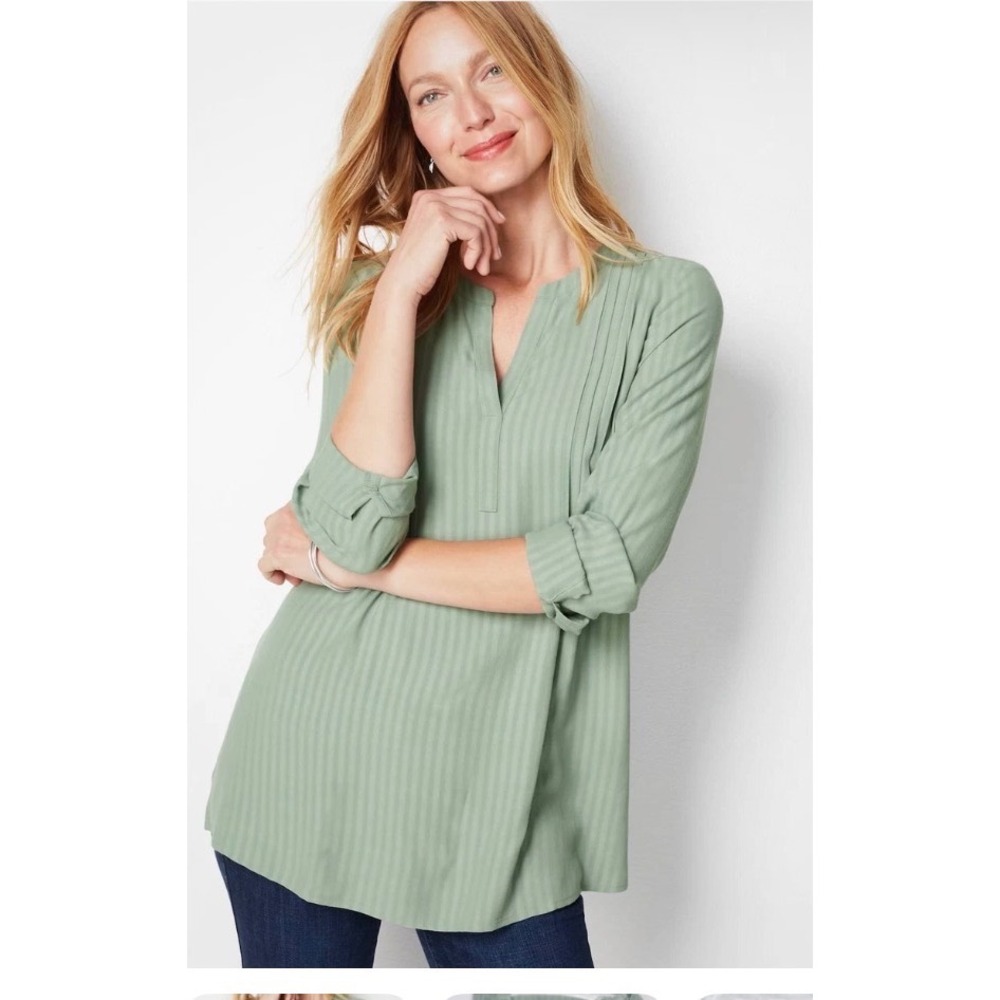 J. Jill NWT Pintuck Tunic Blouse LP Green Shadow Stripe Split Neck Top